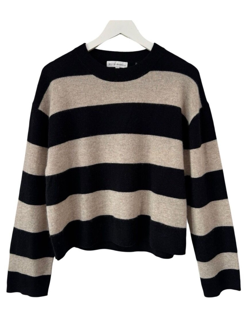 🆕 White + Warren cashmere crewneck sweater size L in Black and Natural Striped